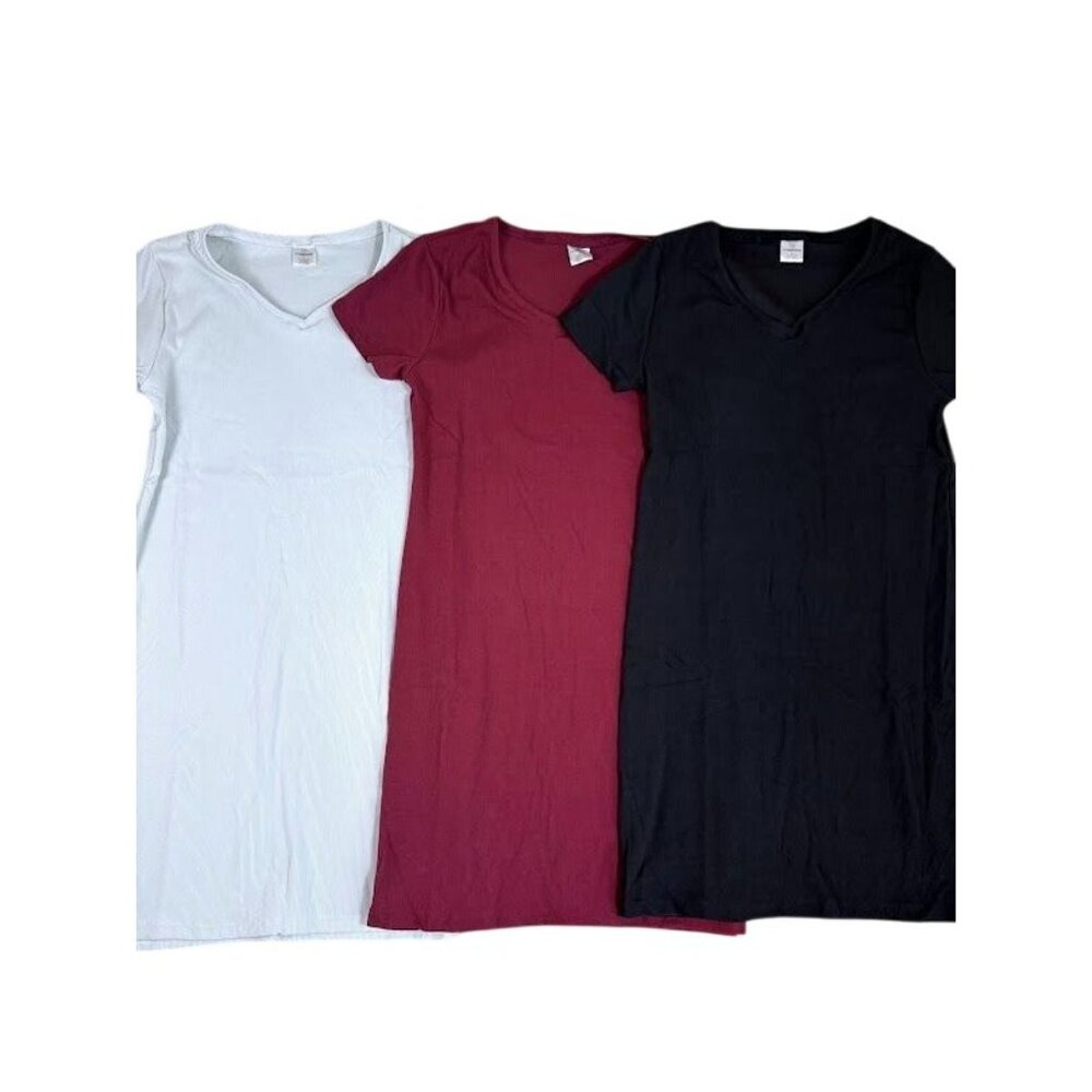 3 Pack Real Essentials Ladies Ribbed V-Neck T-Shirt Dresses Soft Stretchy Fabric